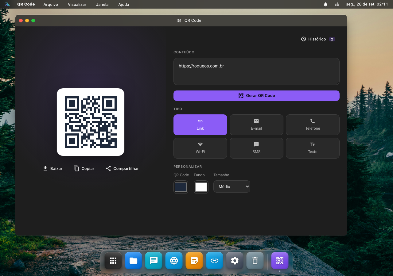 O QR Code: a prévia do código, os botões Baixar, Copiar e Compartilhar, o campo de conteúdo, os seis tipos e as opções de cor e tamanho