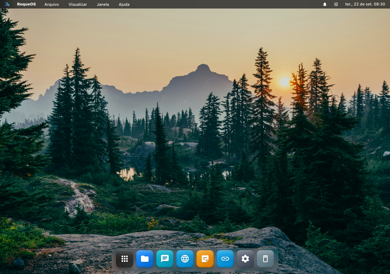 A área de trabalho do RoqueOS logo depois de entrar: barra de menus no topo, papel de parede e o dock com os apps fixados