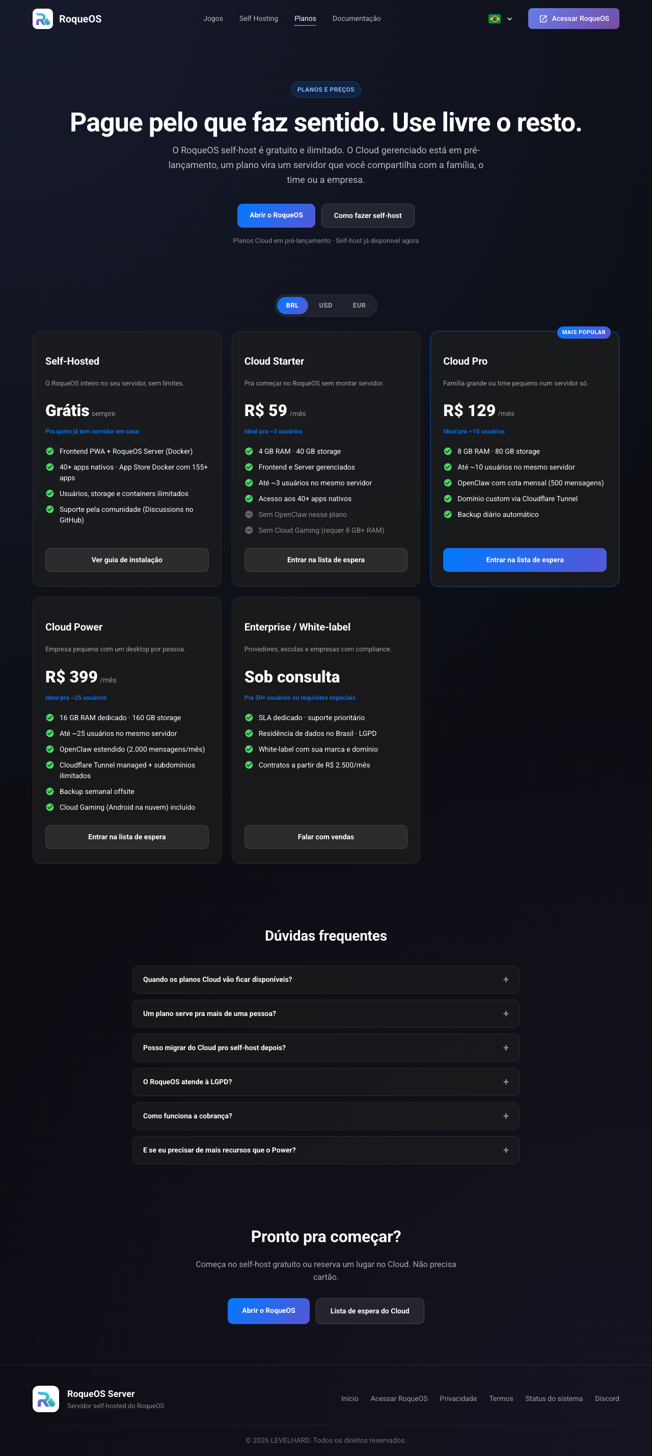 Página de planos com gating visual por tier