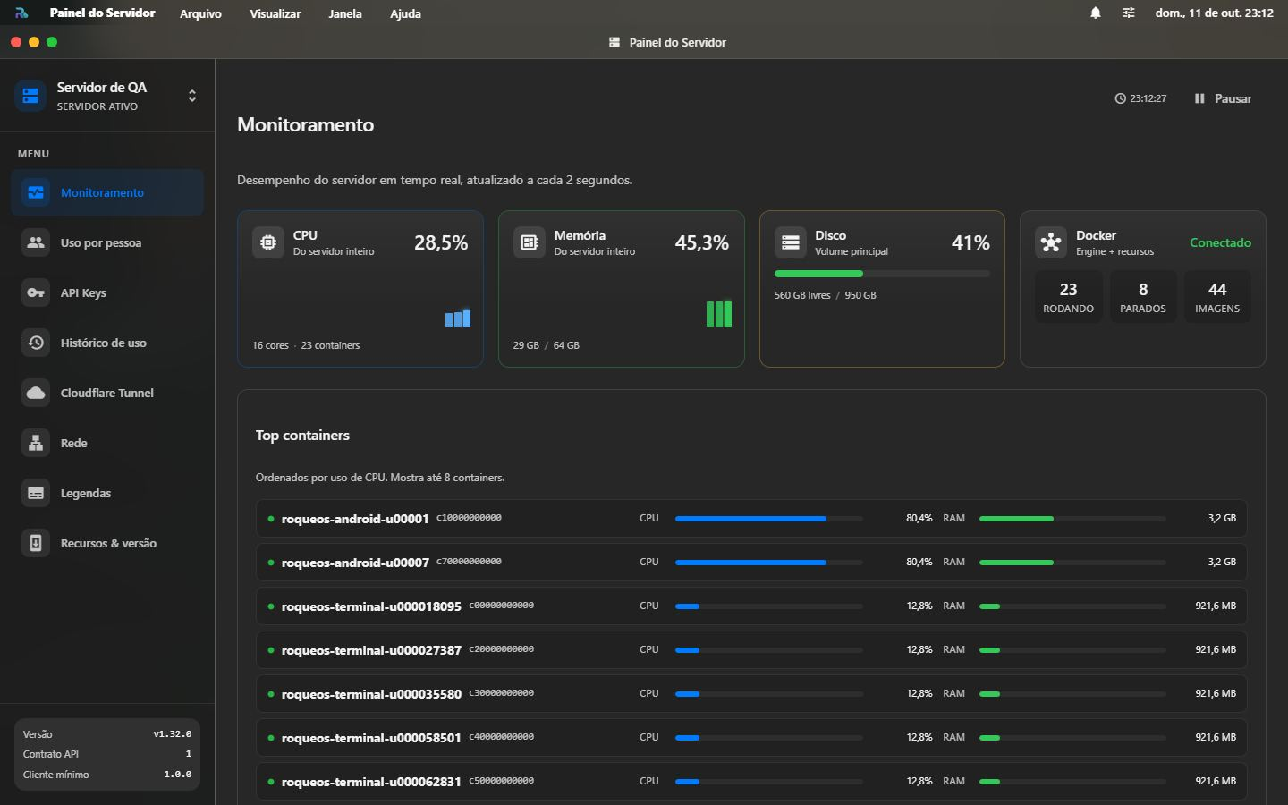 O painel Server Admin na seção Monitoramento, com os cartões de CPU, memória e disco e o estado do Docker — a primeira tela de quem acabou de receber o servidor provisionado