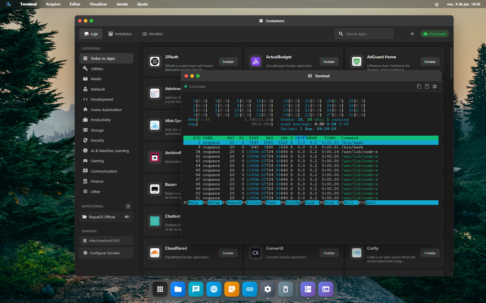 Terminal com htop rodando